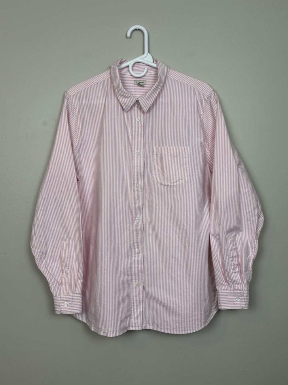 LL Bean Top Women Lg Pink White Stripe Long Sleeve Button Front Organic Cotton